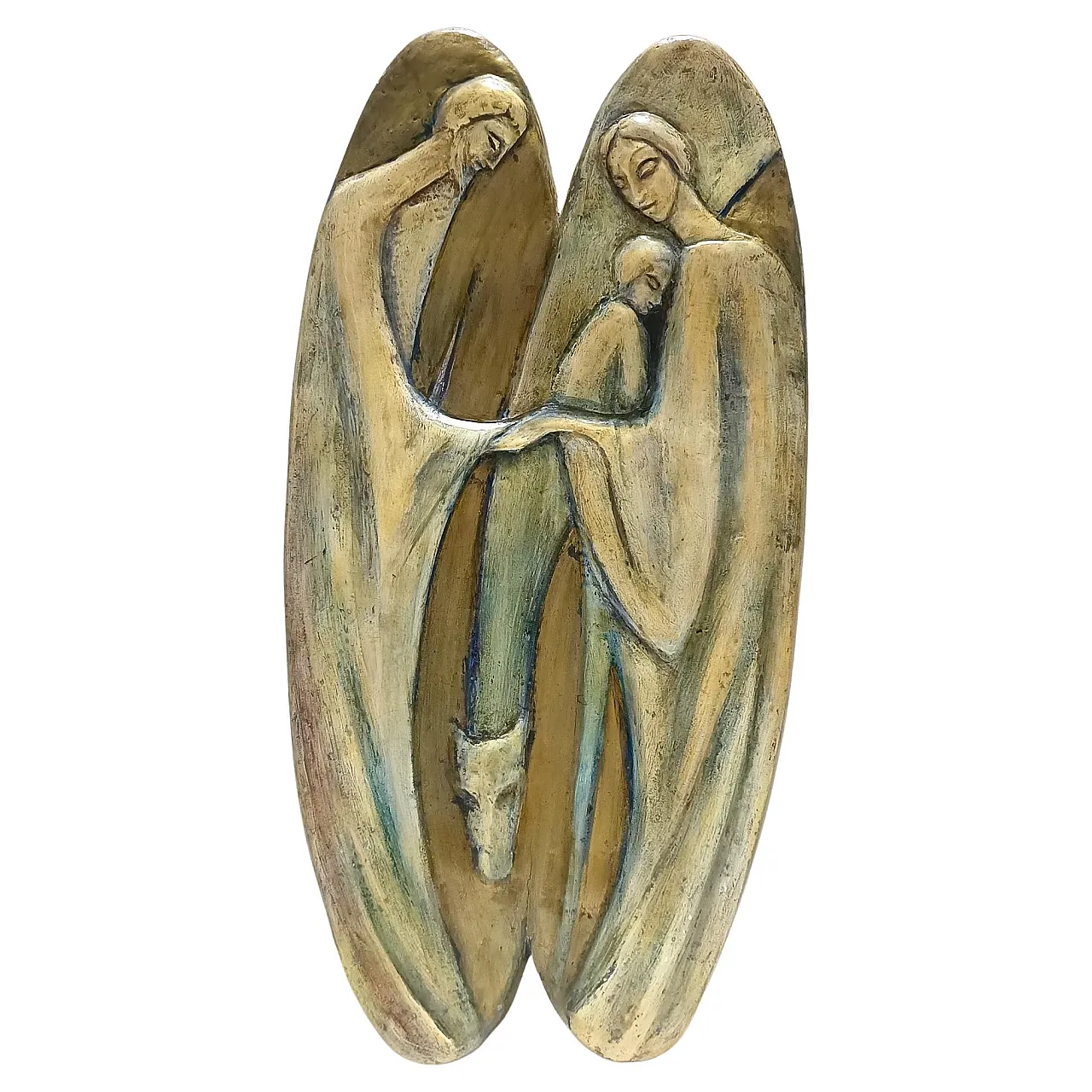 Holy Family Hand-Painted and Hand-Carved Beech Panel, 60s 1