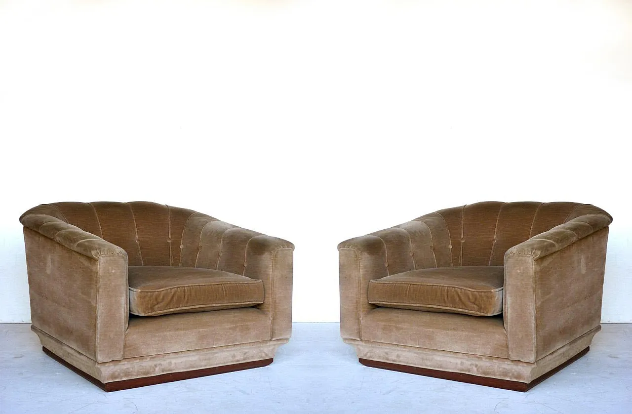 Coppia di poltrone in legno e velluto, anni '40 1