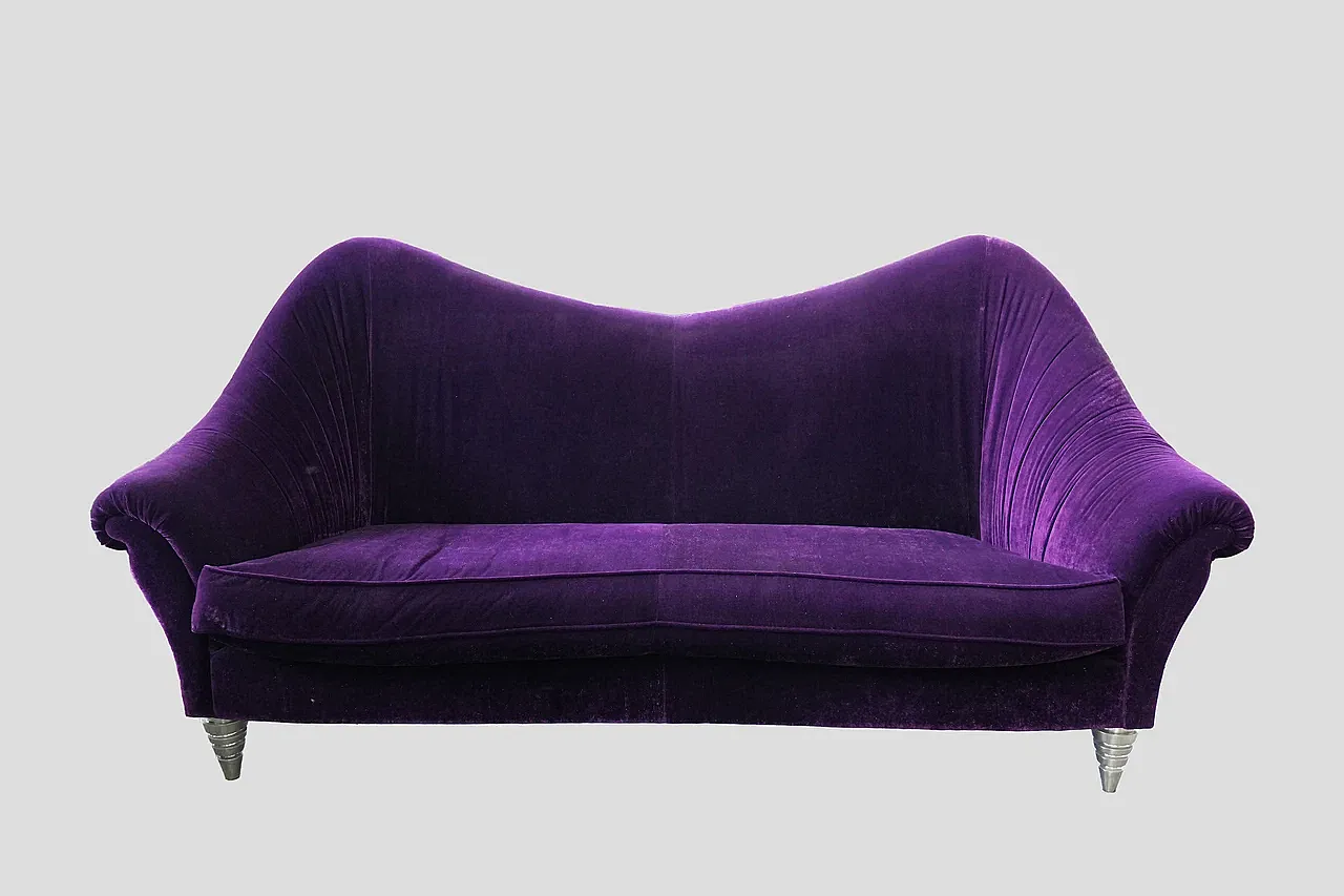 Purple velvet three-seater sofa, late 20th century 1
