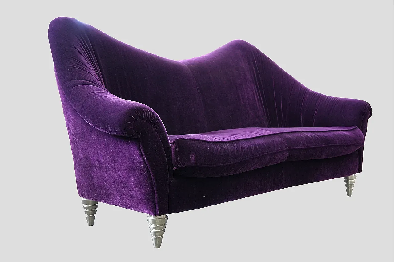 Purple velvet three-seater sofa, late 20th century 8