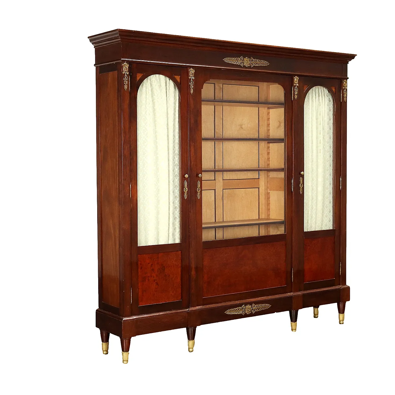 Wood bookcase with glass doors and gilded metal details 1