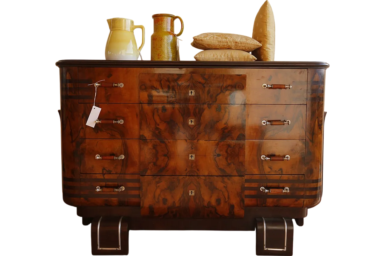 Cassettiera Art Déco in radica e noce e acciaio, anni '30 37