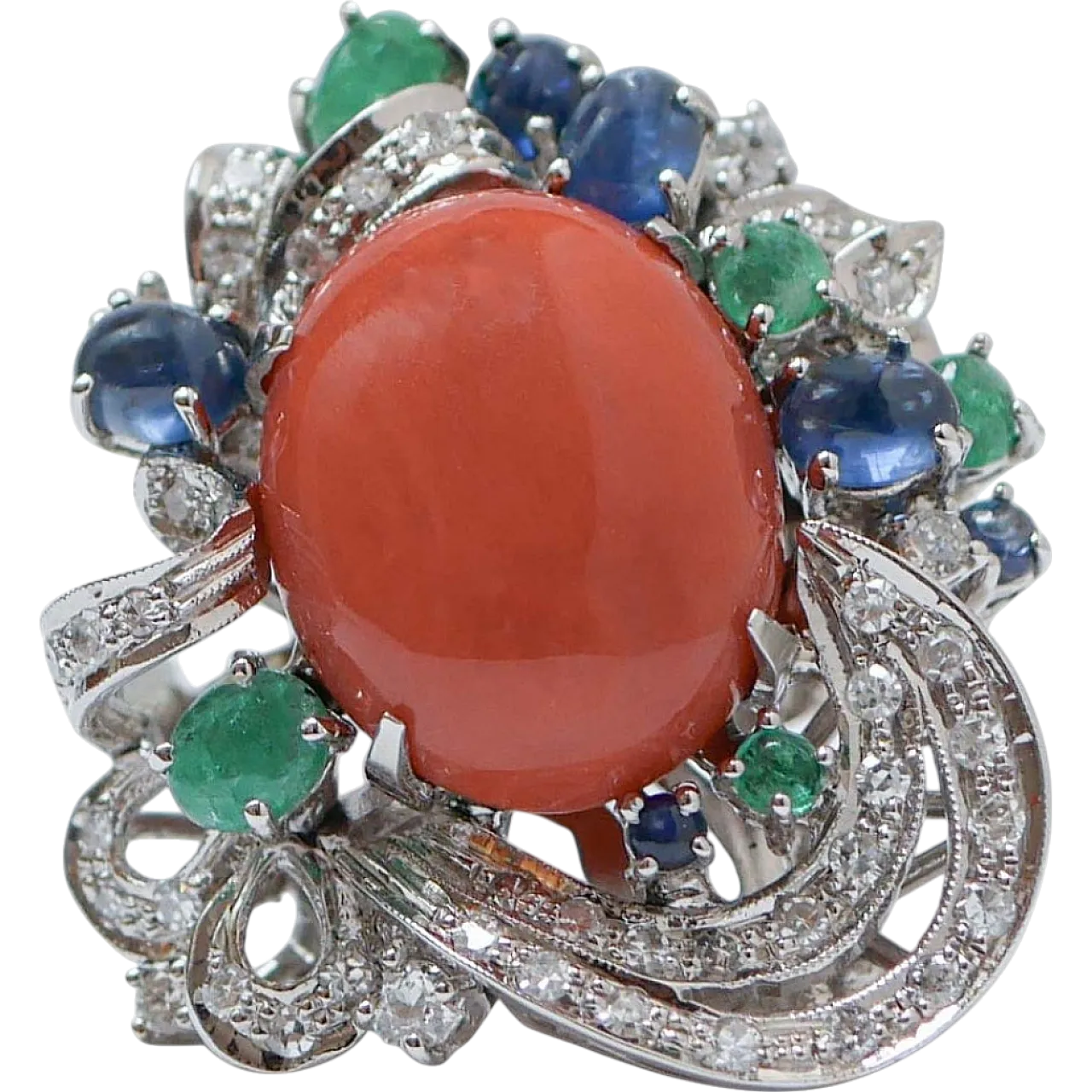 Gold ring with coral, emeralds, sapphires, diamonds, 1950s 6