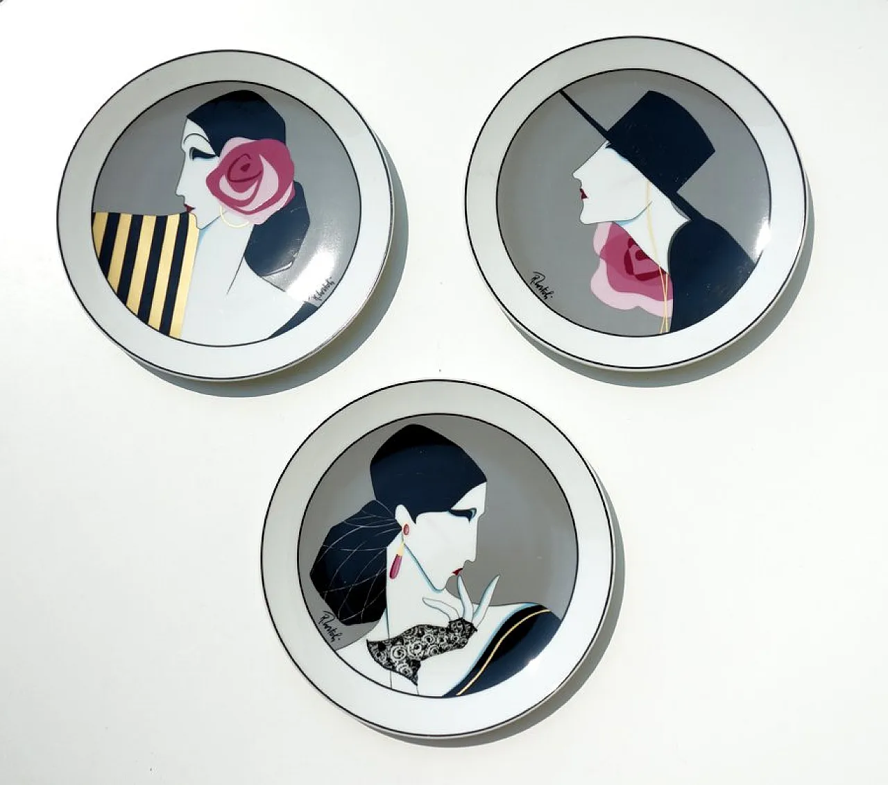 3 Piatti Revival Fashion Art Déco in porcellana, anni '80 1