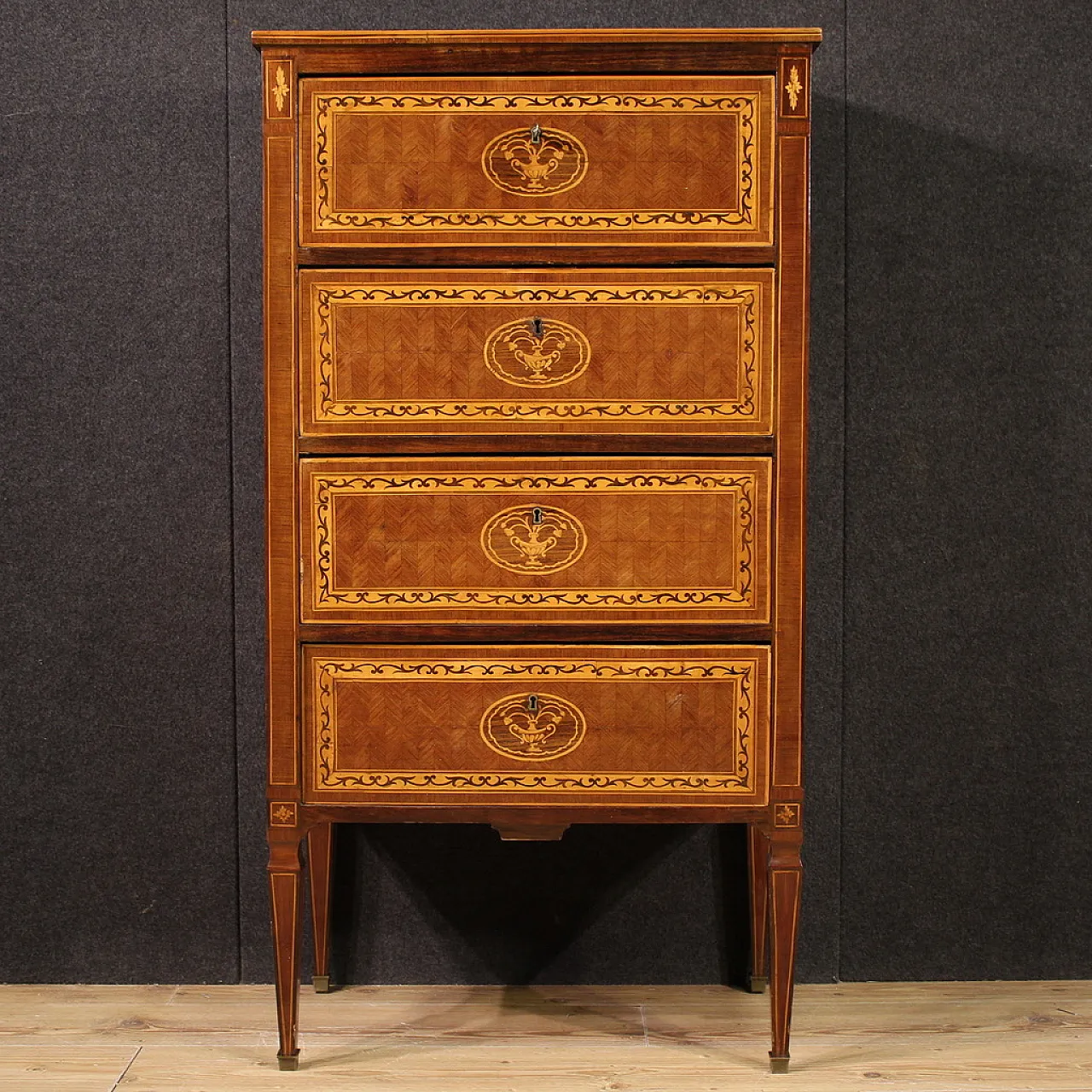 Cassettiera intarsiata in stile Luigi XVI a 4 cassetti, '900 3