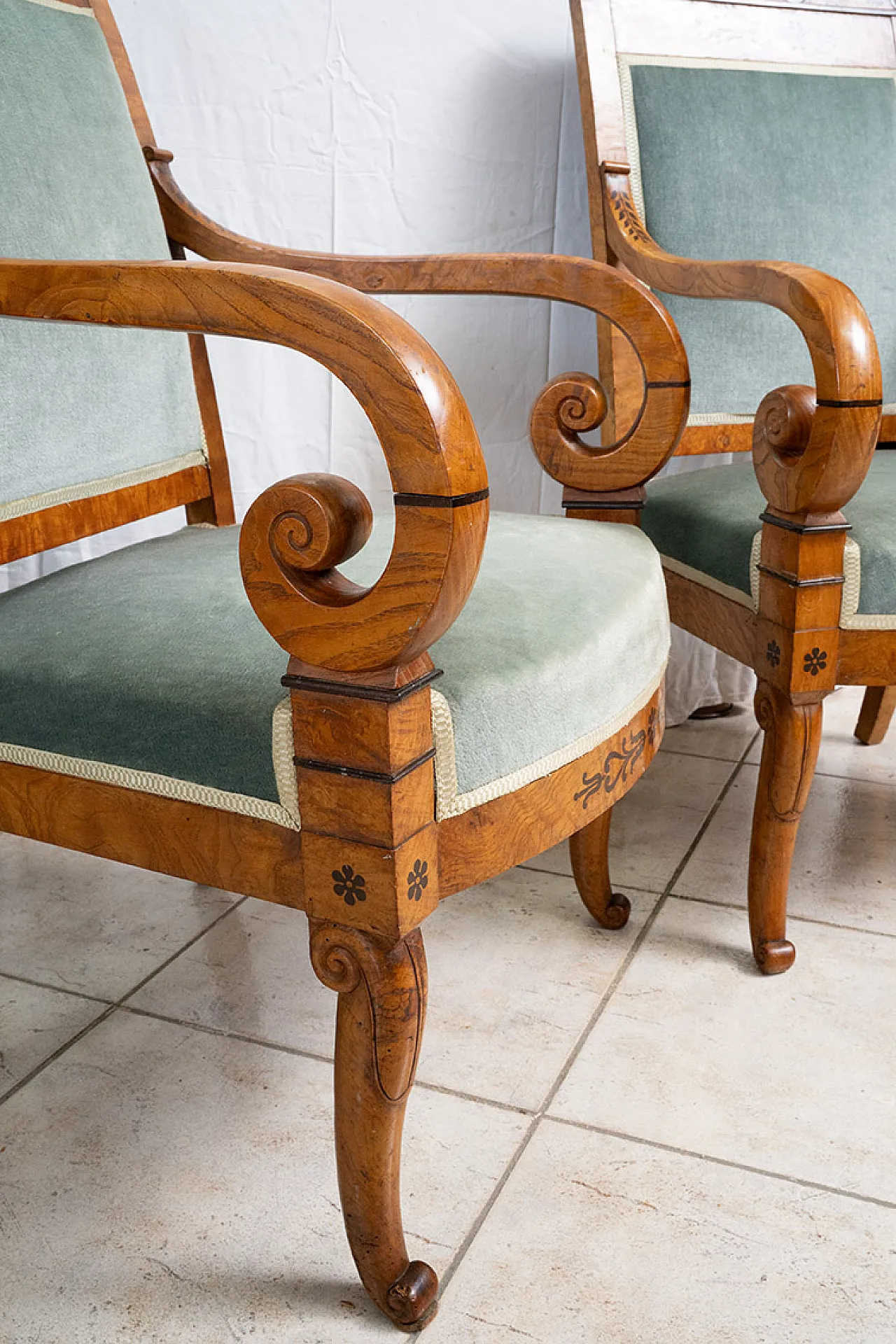 Coppia di poltrone Carlo X in radica di olmo e amaranto, '800 4