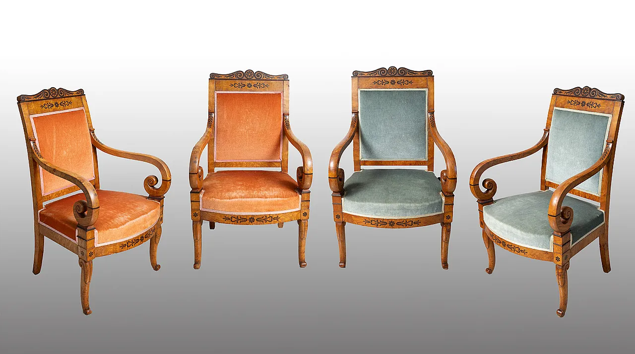 Coppia di poltrone antiche Carlo X in radica di olmo e amaranto. Franc 5