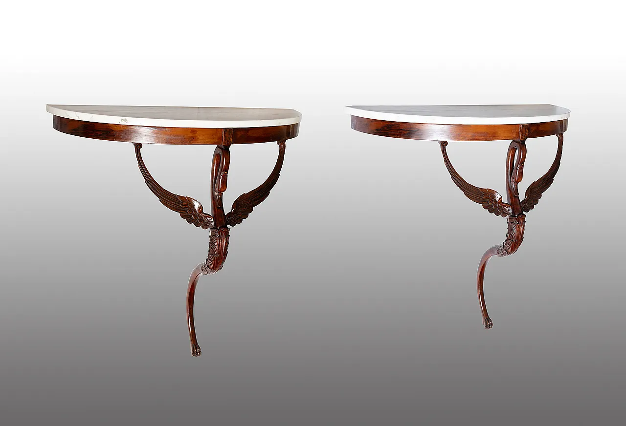 Pair of wall console demi moons in mahogany feather, Naples, 19th c. 1
