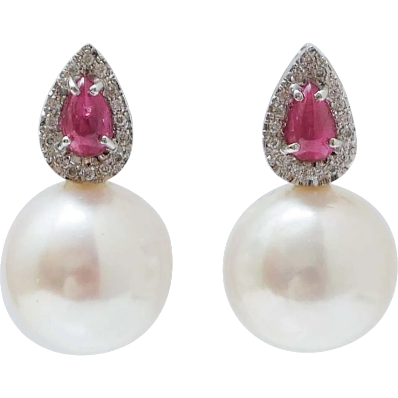 Orecchini con perle bianche, diamanti, rubini, platino, anni '70 6
