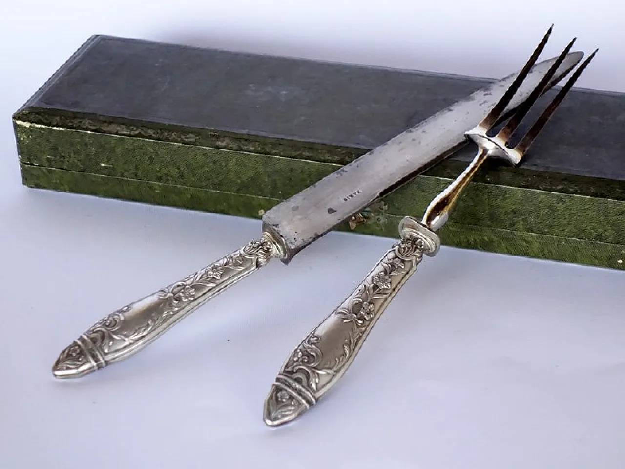 Coppia di posate Art Nouveau in argento con scatola, fine '800 3
