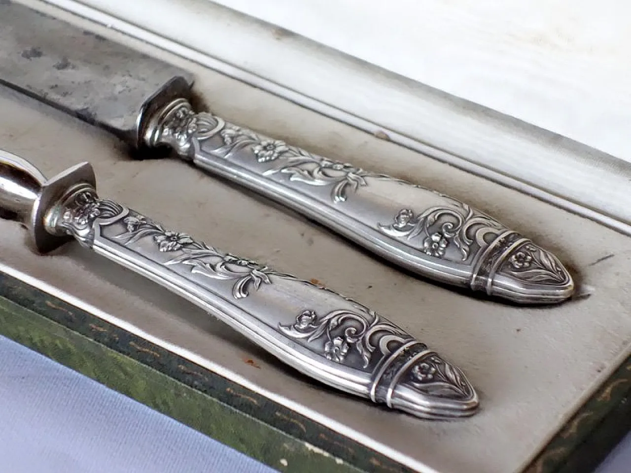 Coppia di posate Art Nouveau in argento con scatola, fine '800 5