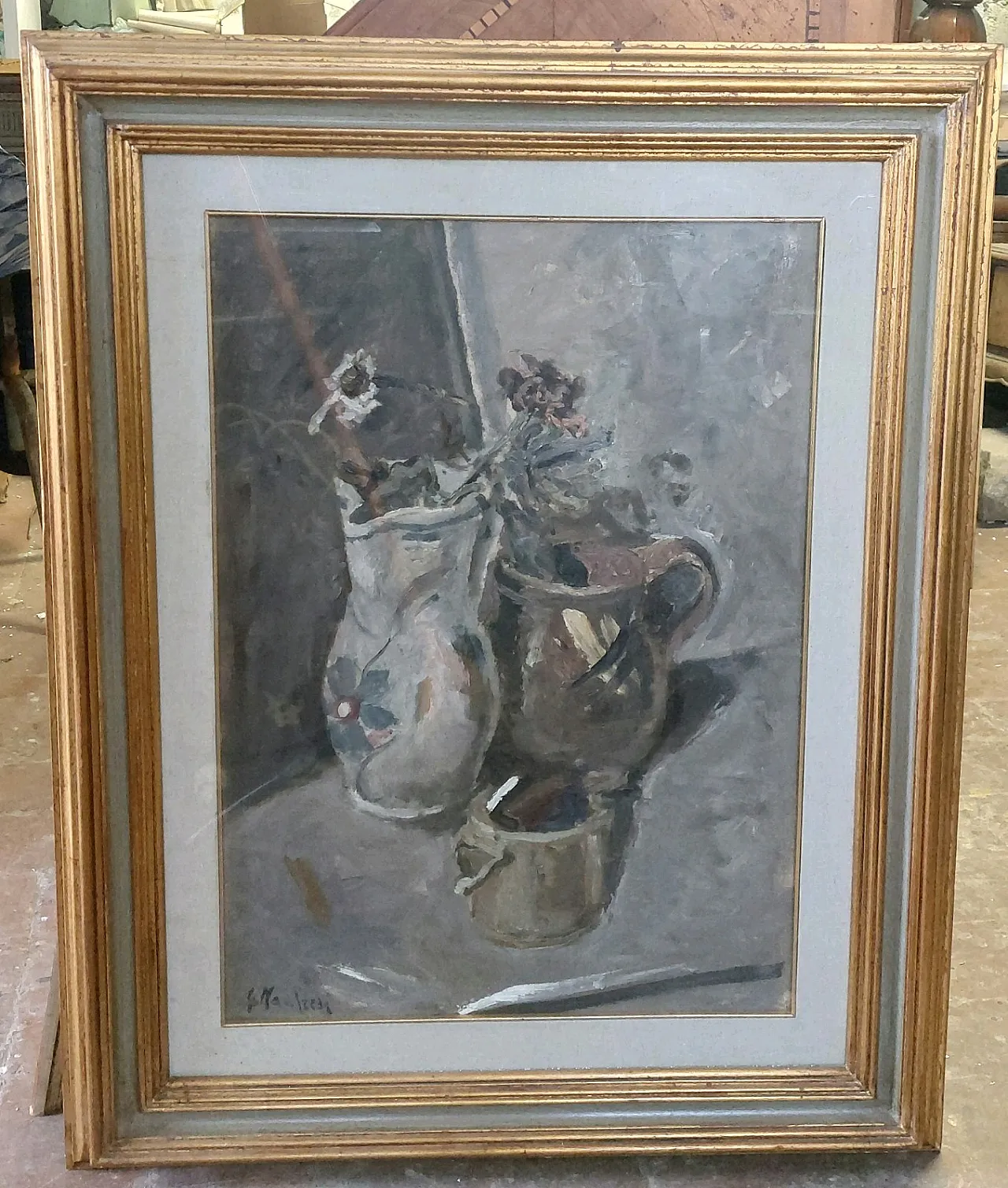 Brocche con fiori di Giuseppe Manfredi, olio su cartone, '900 1