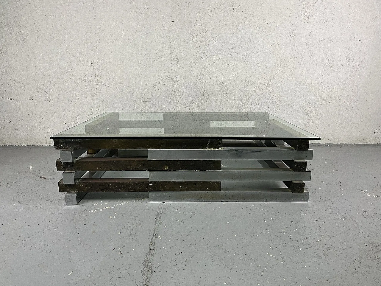 Tavolino da salotto in acciaio, ottone e vetro di Romeo Rega, anni '70 1
