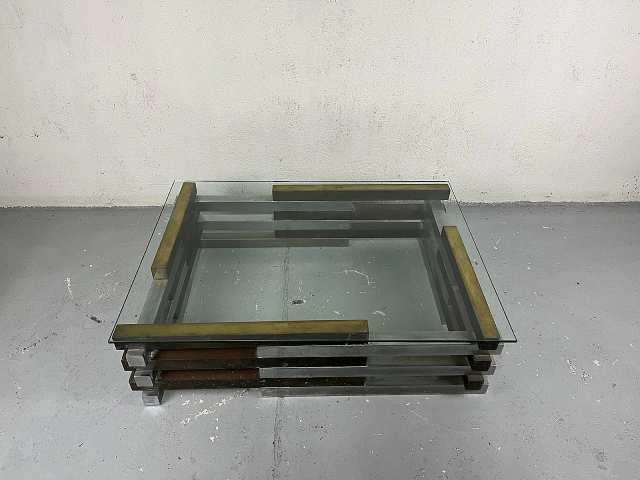 Tavolino da salotto in acciaio, ottone e vetro di Romeo Rega, anni '70 2