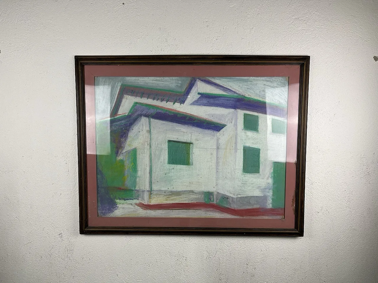 Paesaggio con casa rosa, dipinto cubista, anni '80 1