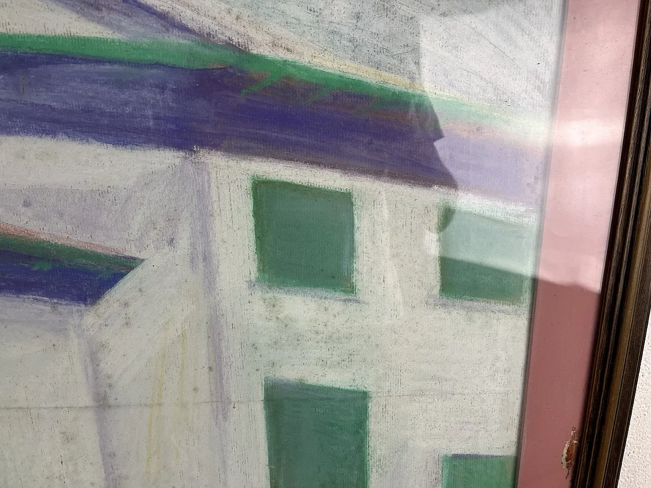 Paesaggio con casa rosa, dipinto cubista, anni '80 3