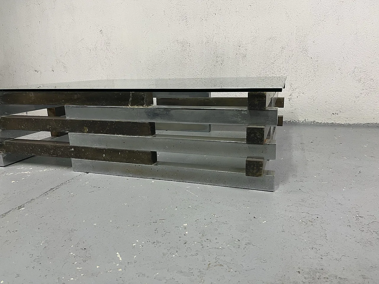 Tavolino da salotto in acciaio, ottone e vetro di Romeo Rega, anni '70 5