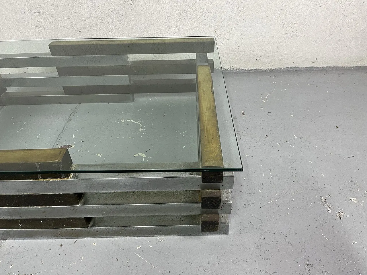 Tavolino da salotto in acciaio, ottone e vetro di Romeo Rega, anni '70 6