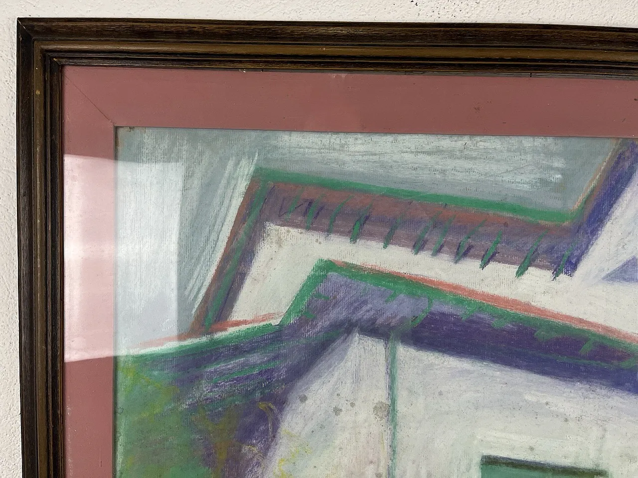 Paesaggio con casa rosa, dipinto cubista, anni '80 6