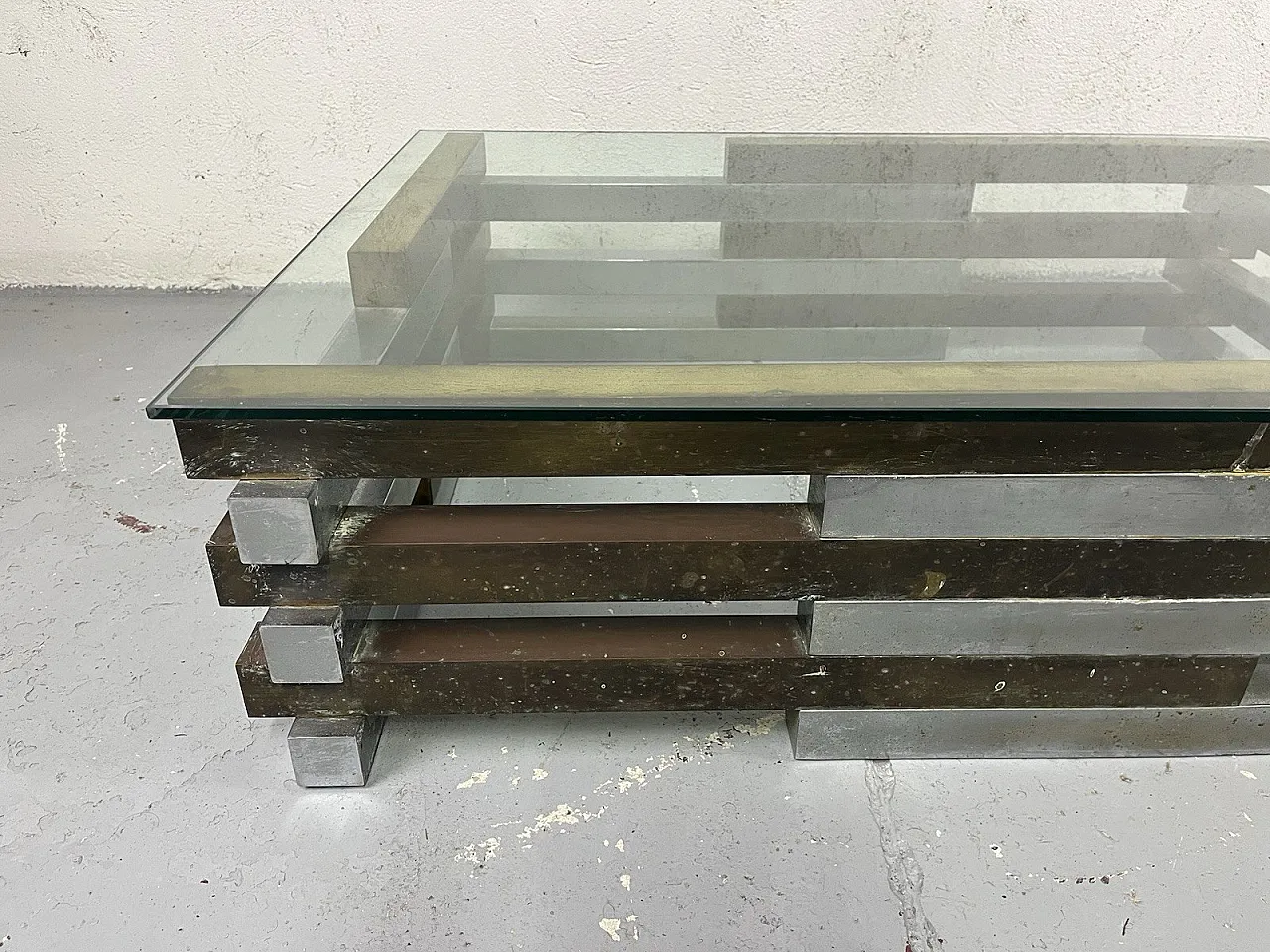 Tavolino da salotto in acciaio, ottone e vetro di Romeo Rega, anni '70 7