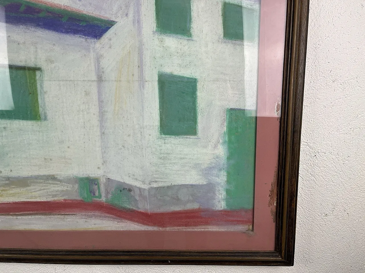 Paesaggio con casa rosa, dipinto cubista, anni '80 7