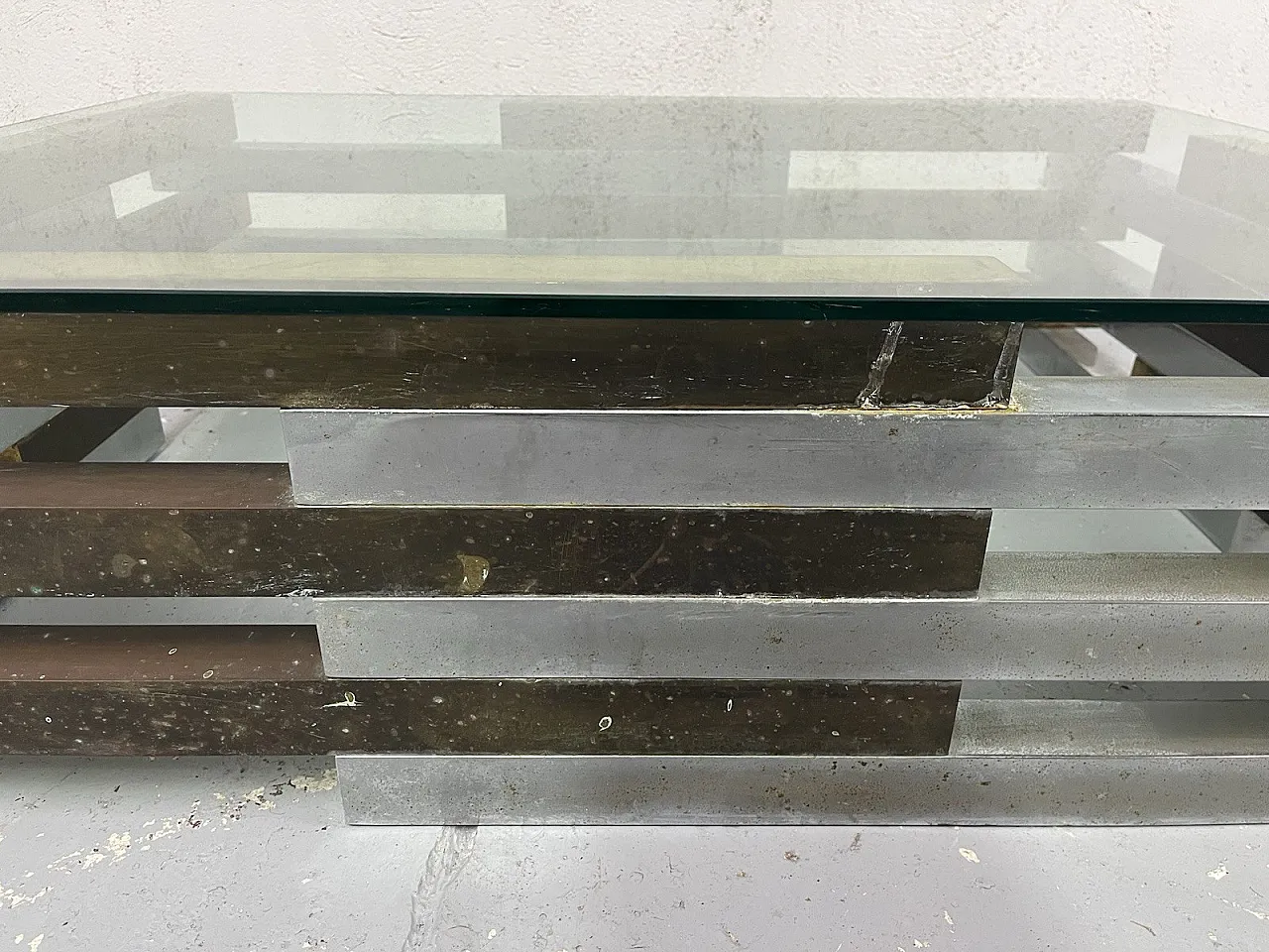 Tavolino da salotto in acciaio, ottone e vetro di Romeo Rega, anni '70 8