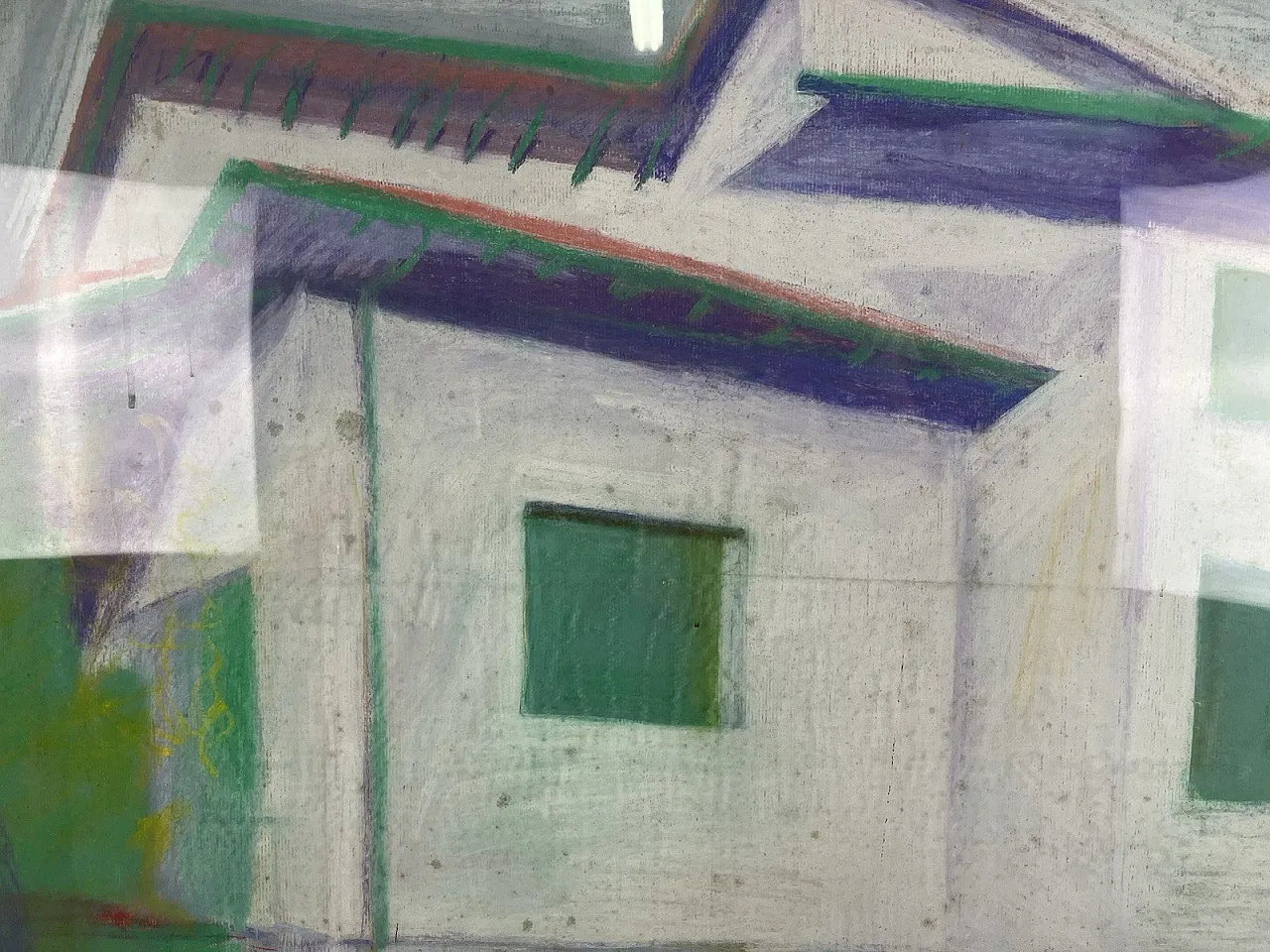 Paesaggio con casa rosa, dipinto cubista, anni '80 9