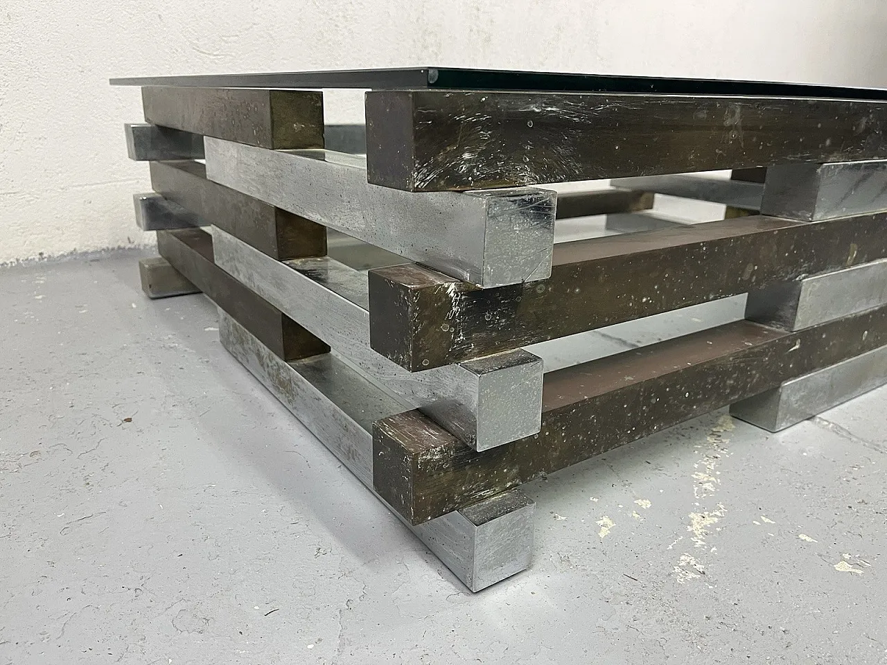 Tavolino da salotto in acciaio, ottone e vetro di Romeo Rega, anni '70 12