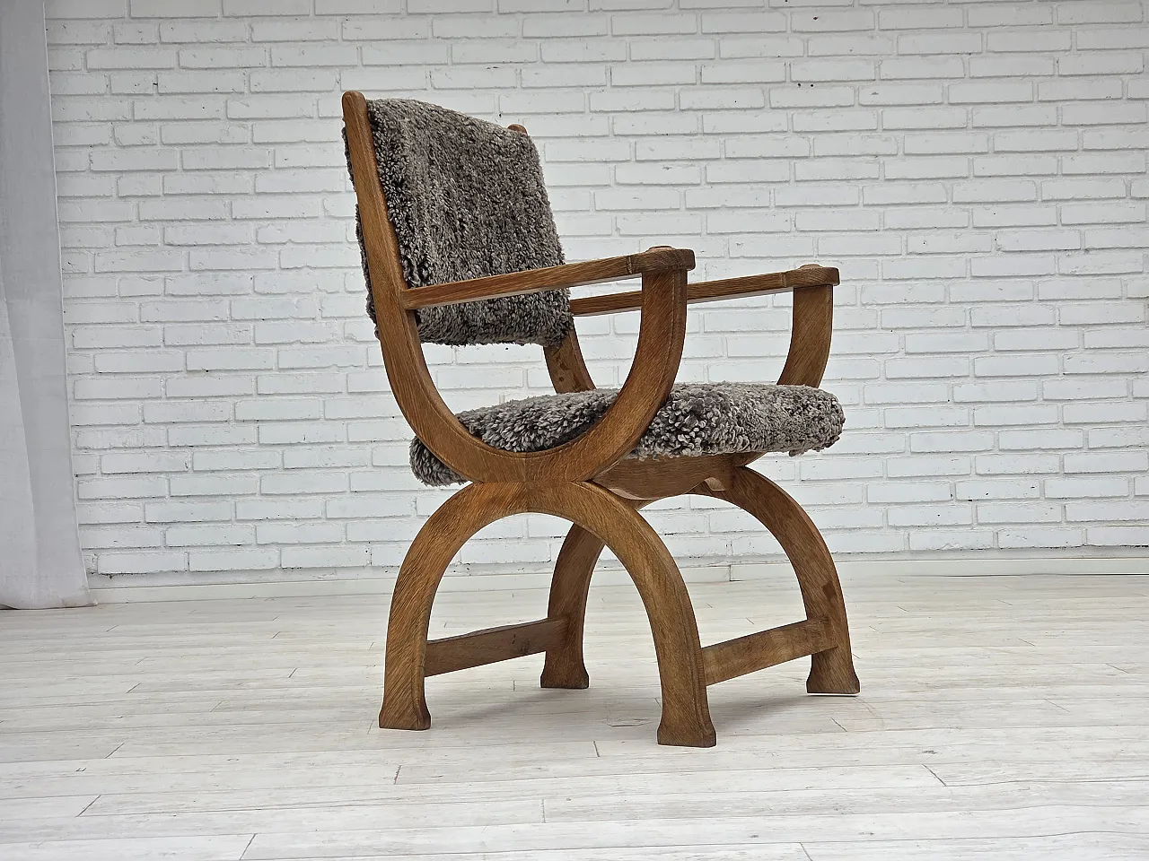 Danish lounge chair, sheepskin "Wellington", oak wood, 1970s 1