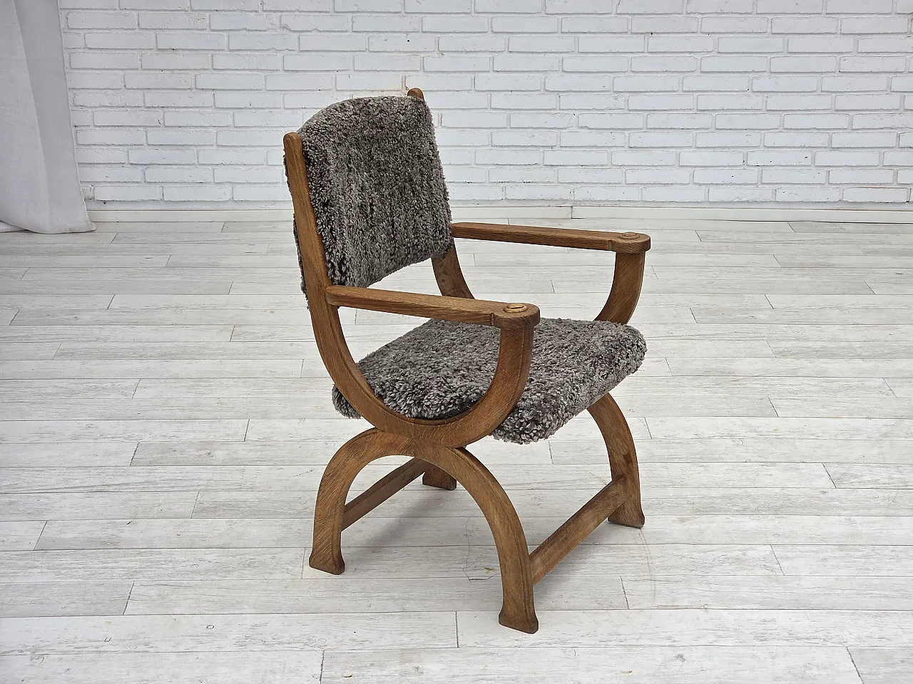 Danish lounge chair, sheepskin "Wellington", oak wood, 1970s 2
