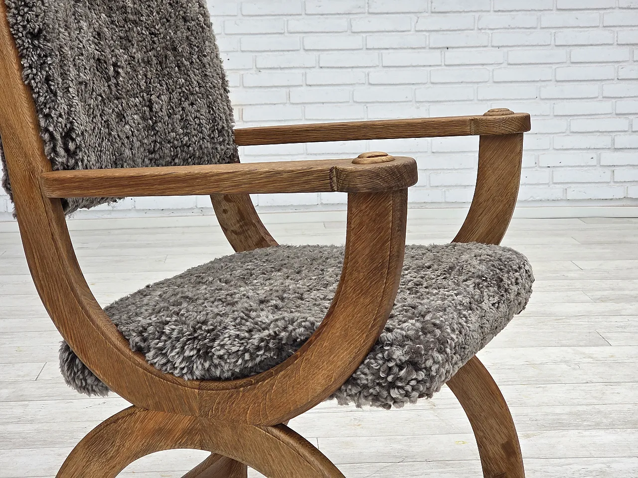 Danish lounge chair, sheepskin "Wellington", oak wood, 1970s 4