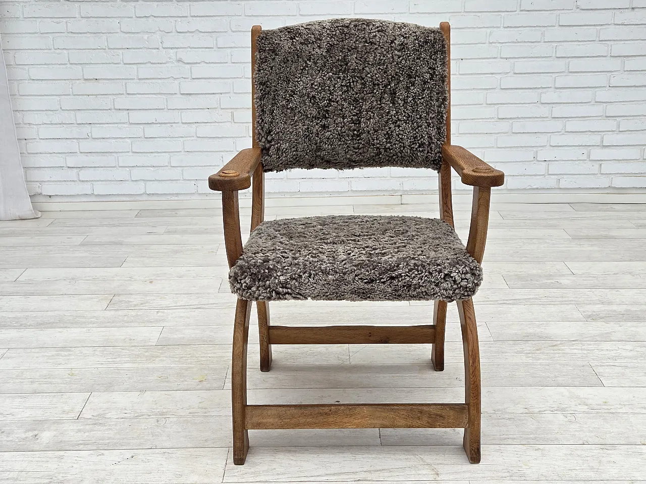 Danish lounge chair, sheepskin "Wellington", oak wood, 1970s 9