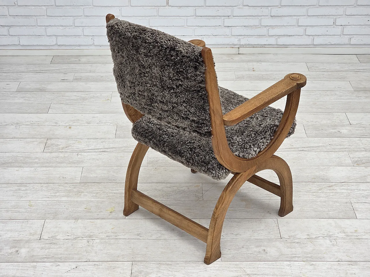 Danish lounge chair, sheepskin "Wellington", oak wood, 1970s 12