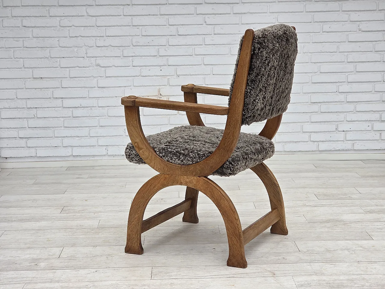 Danish lounge chair, sheepskin "Wellington", oak wood, 1970s 16
