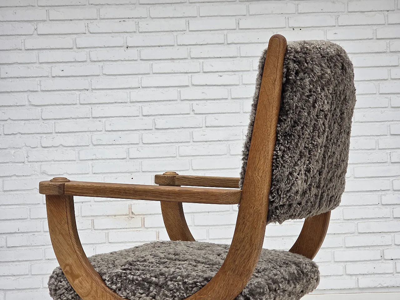 Danish lounge chair, sheepskin "Wellington", oak wood, 1970s 18