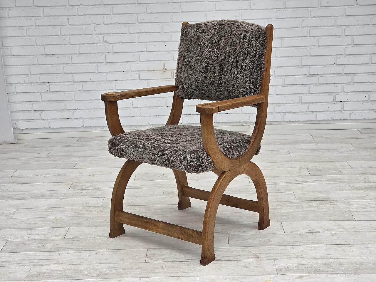 Danish lounge chair, sheepskin "Wellington", oak wood, 1970s 20