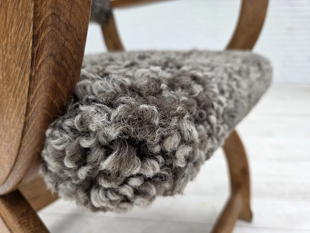 Danish lounge chair, sheepskin "Wellington", oak wood, 1970s 21