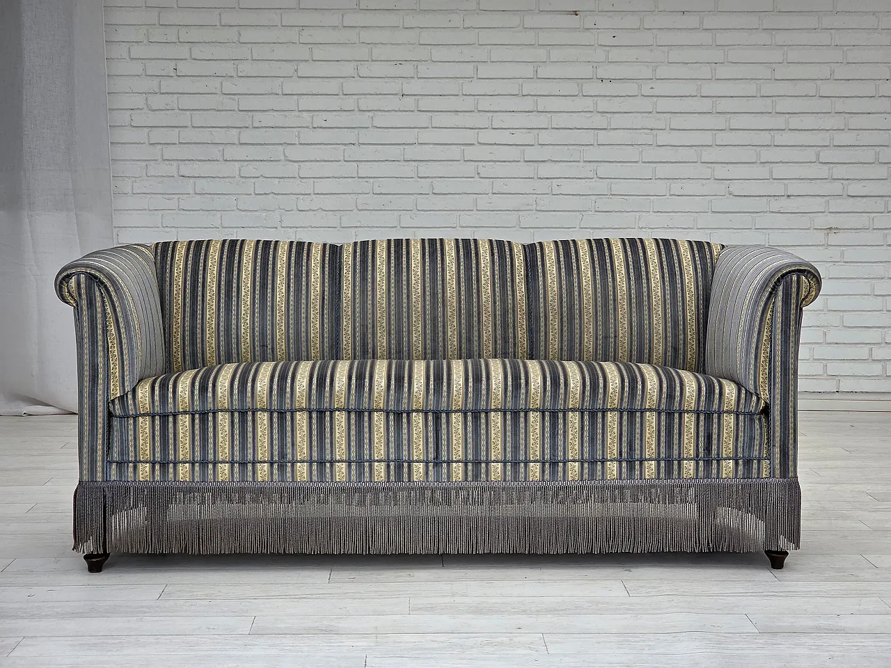 Danish 3-seater sofa, blue/beige furniture velour, beech wood, 1960s 1