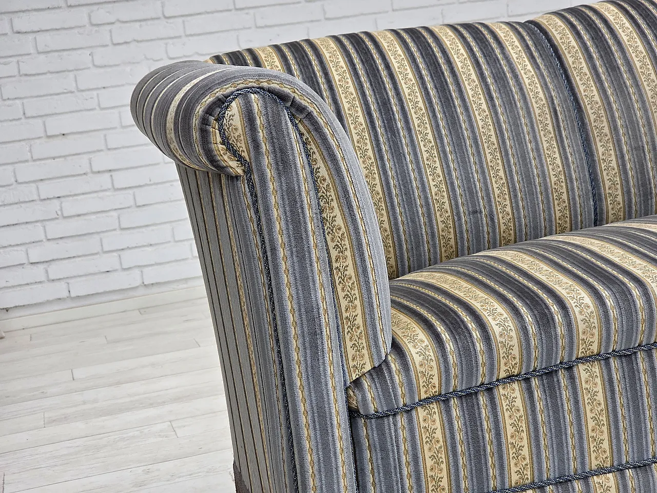 Danish 3-seater sofa, blue/beige furniture velour, beech wood, 1960s 2