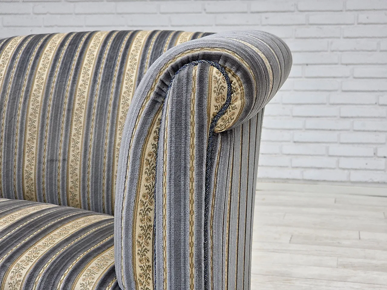 Danish 3-seater sofa, blue/beige furniture velour, beech wood, 1960s 3