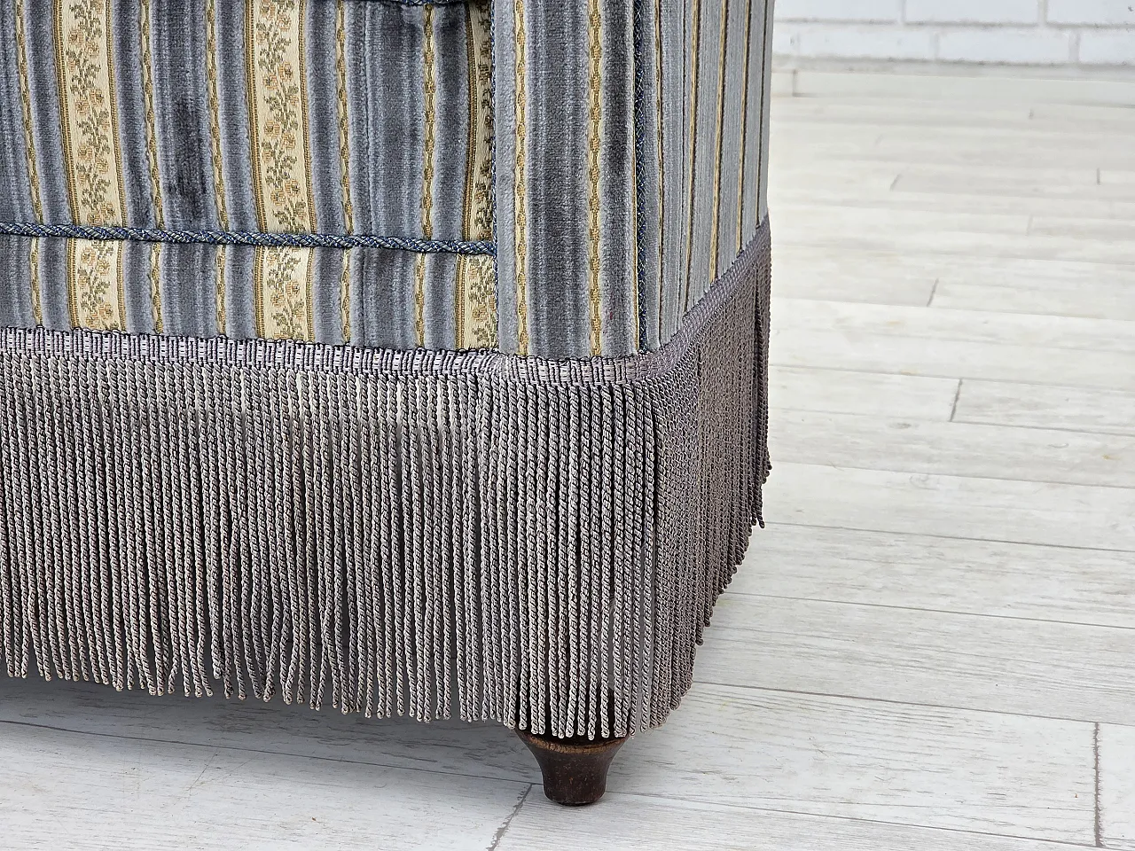 Danish 3-seater sofa, blue/beige furniture velour, beech wood, 1960s 4