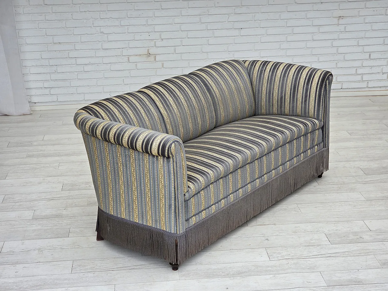Danish 3-seater sofa, blue/beige furniture velour, beech wood, 1960s 6
