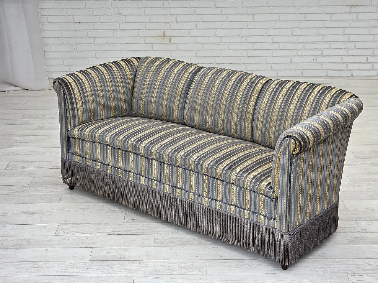 Danish 3-seater sofa, blue/beige furniture velour, beech wood, 1960s 17