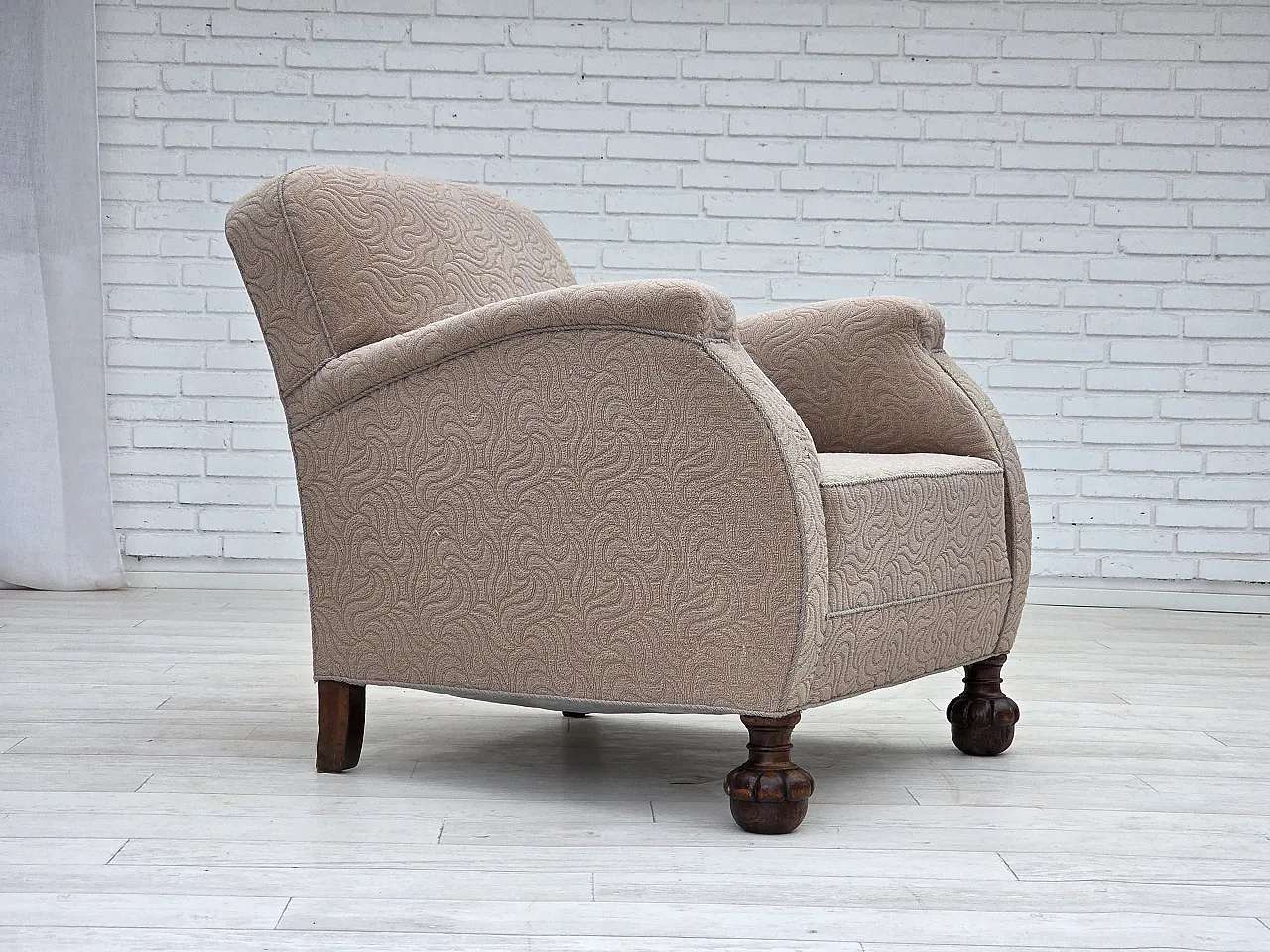 Danish art deco armchair, beige furniture wool, oak wood, 1950s 2