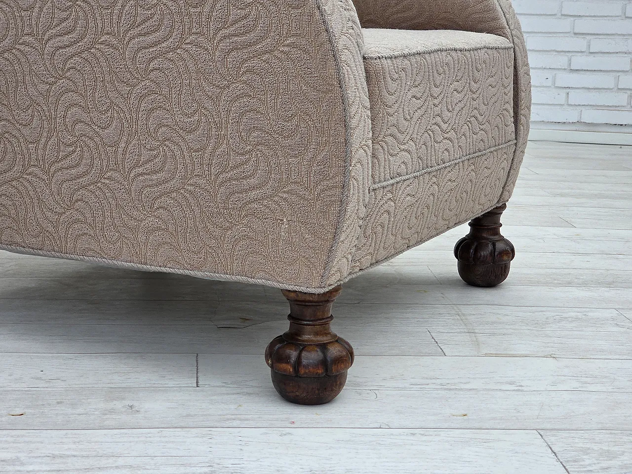 Danish art deco armchair, beige furniture wool, oak wood, 1950s 3