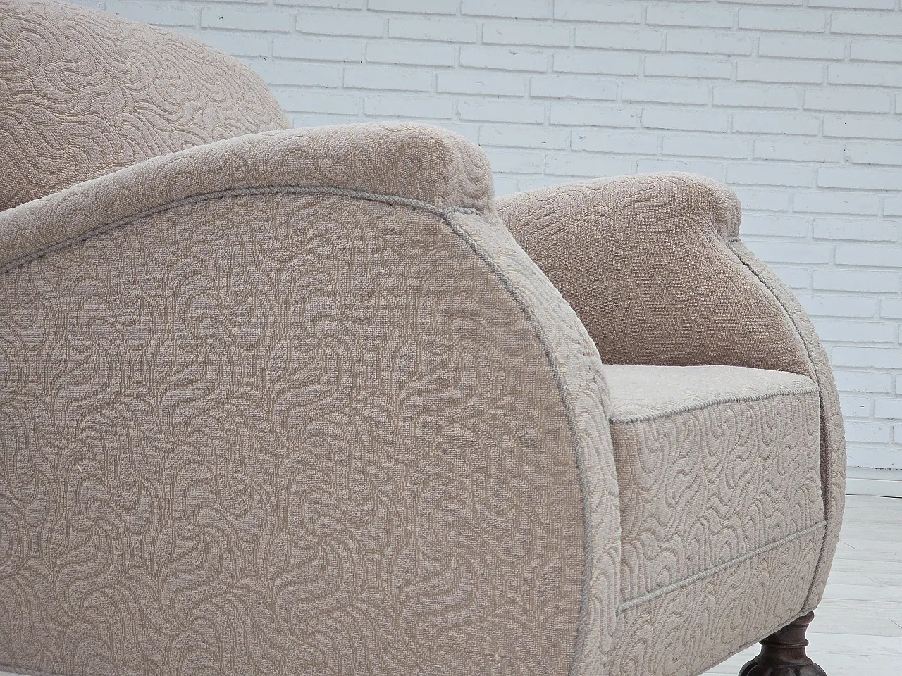Danish art deco armchair, beige furniture wool, oak wood, 1950s 4