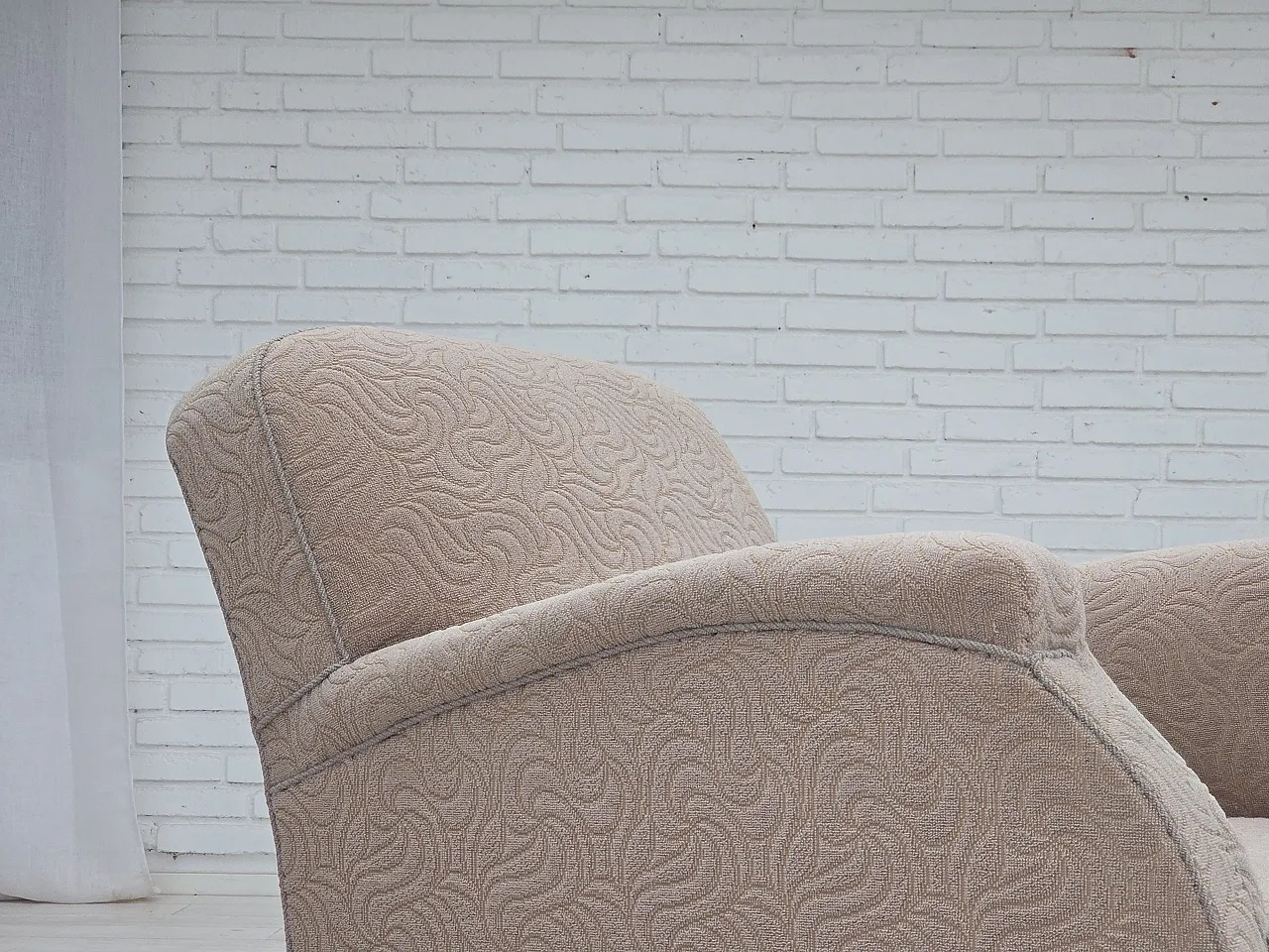 Danish art deco armchair, beige furniture wool, oak wood, 1950s 5