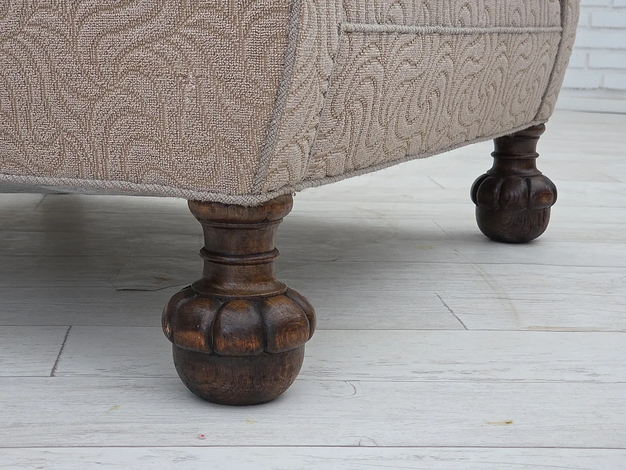 Danish art deco armchair, beige furniture wool, oak wood, 1950s 6