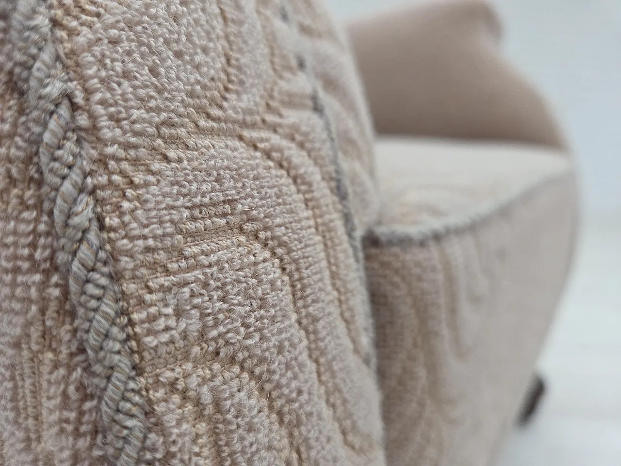 Danish art deco armchair, beige furniture wool, oak wood, 1950s 8