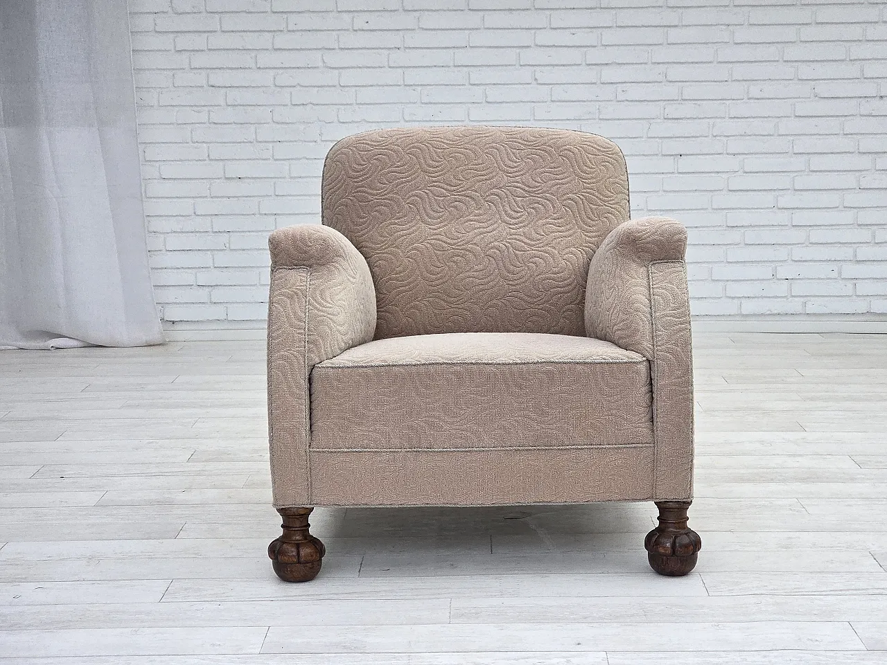 Danish art deco armchair, beige furniture wool, oak wood, 1950s 9
